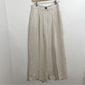 Mango MNG Womens Pants Medium Cream Wide Leg Linen High Rise Pleated Ladies New